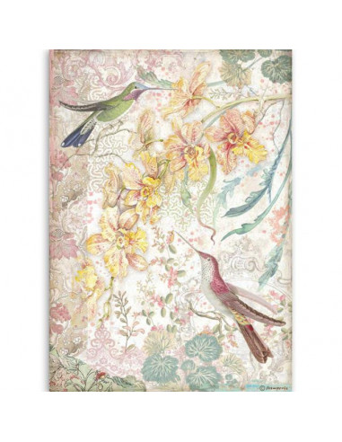 RICE PAPER - YELLOW ORCHIDS & BIRDS - 21x29.7cm (A4) - STAMPERIA