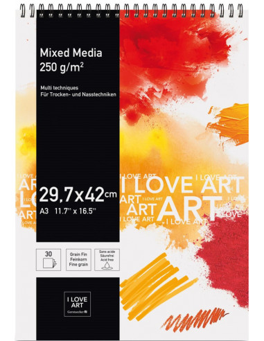 BLOCK FOR MIXED MEDIA - 29.7x42cm (A3) - 250gr - 30 SHEETS - I LOVE ART