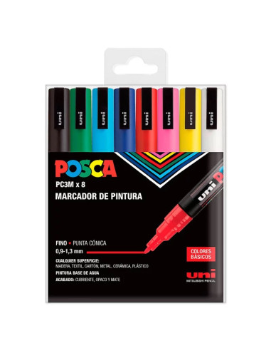 POSCA SET - 8pcs - BASIC COLORS - 3M (0.9 - 1.3mm) - UNI - BALL