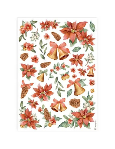 RICE PAPER - CLASSIC CHRISTMAS POINSETTIA & BELLS - 21x29.7cm (Α4) - STAMPERIA